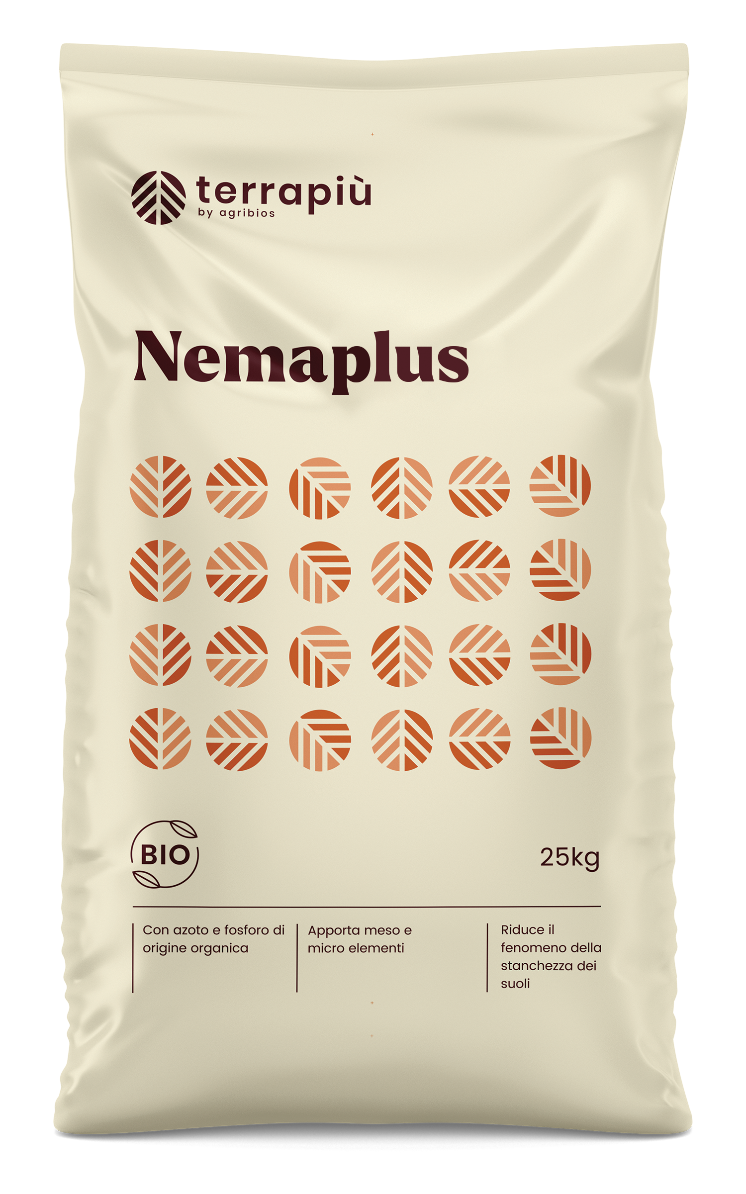 Sacco da 25kg di concime Nemaplus, fondo completamente panna e pittogrammi color terra dà un forte senso di naturalità